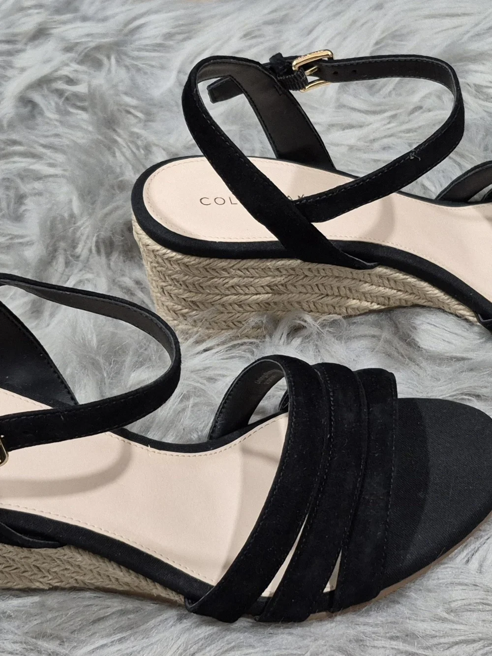 COLE HAAN Women's Black Suede Strap Espadrille Wedge Sandals Size 7.5B